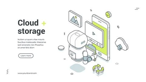 Cloud storage isometric banner. Data backup and file sync service vector illu Stock Illustration