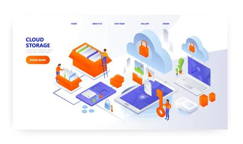 Cloud storage landing page design, website banner vector template. Computer data Stock Illustration
