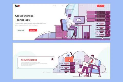 Cloud storage landing pages set. Stock Illustration
