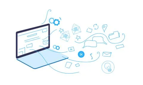 Cloud storage laptop screen synchronization online computer application social Stock Illustration