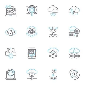 Cloud storage linear icons set. Data, Backup, Security, Hosting, Collaboration Stock Illustration