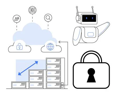 Cloud storage linked to security, global access, AI robot, padlock, bar graph Stockillustratie
