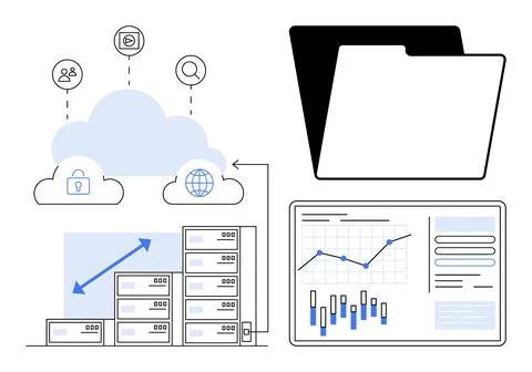 Cloud storage linked with security, user, and search icons. Servers with blue Stock Illustration