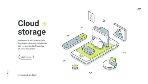 Cloud storage mobile app information backup isometric web banner design templ Illustrazione stock