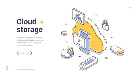 Cloud storage mobile app personal information isometric web banner design tem Stockillustratie