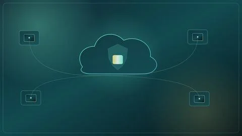 Cloud storage network connecting devices with data transfer icons Stock Illustration