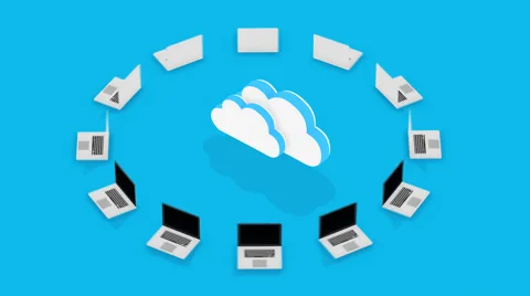 Cloud Storage Network with Laptops and Folders Around a Cloud 库存影片 62343541