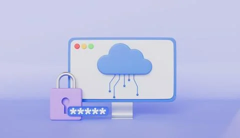 Cloud storage with online cloud database and padlock on computer, Transfer Stock-Illustration