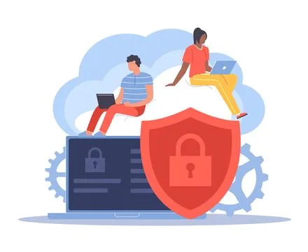 Cloud storage. Online database access, backup server, file protection, users Stock Illustration