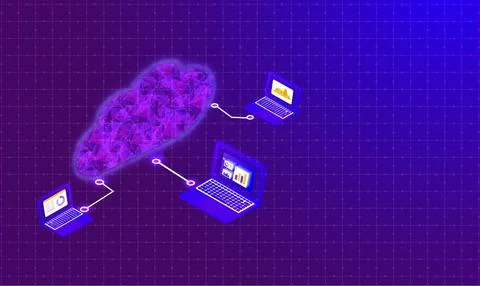 Cloud storage or data analysis banner design with Isometric laptops connect.. Stock Illustration