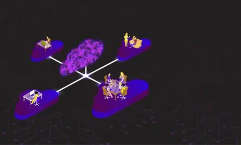 Cloud storage or data sharing concept based design, people working in diffe.. 스톡 일러스트