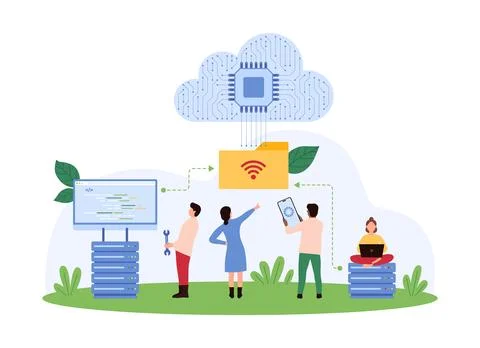 Cloud storage organization, data management service, tiny people upload folder イラスト素材