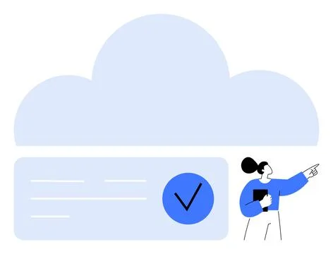 Cloud storage with a person pointing at a check mark in front of a cloud ba.. Illustrazione stock