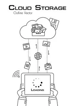 Cloud Storage . Person use tablet to download more file from cloud server Stock Illustration