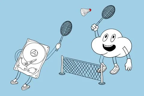 Cloud storage playing badminton with hard drive. Stock Illustration
