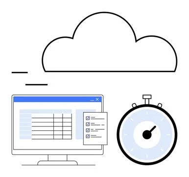 Cloud Storage Productivity Stopwatch, Computer Screen with Checklist Icon, .. Stock Illustration