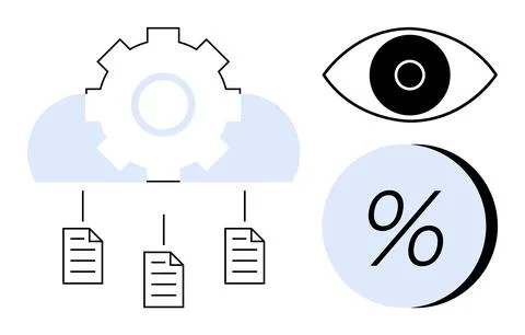 Cloud storage represented by a gear, with attached documents, eye, and percen イラスト素材