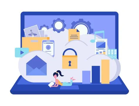 Cloud storage security. Data storage security concept. Data processing. Compu Stock Illustration