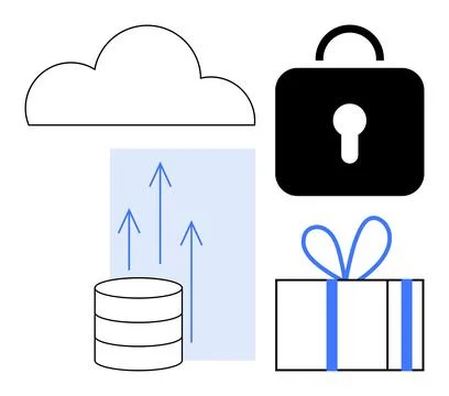 Cloud Storage Security with Data Upload and Gift Concept in Simple Design Stock Illustration