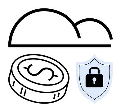 Cloud Storage Security with Monetary Savings Represented by Coin and Shield Stock Illustration