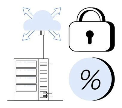 Cloud storage server with arrows, padlock, and percentage symbol. Ideal for d 스톡 일러스트