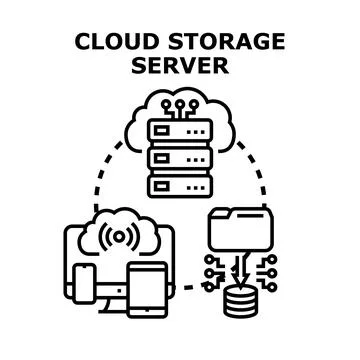 Cloud storage server infrastructure connecting digital devices Illustrazione stock