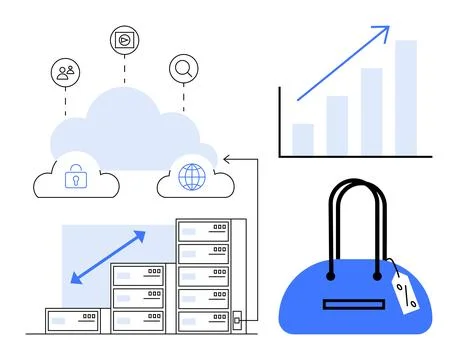 Cloud storage servers, data analytics chart, security, user, and search icons Stock Illustration