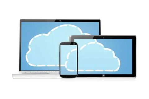 Cloud storage set of electronic devices with clouds on its screens, isolat... 写真素材