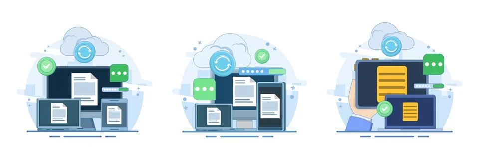 Cloud storage set featuring secure server hosting, data uploads Stock Illustration