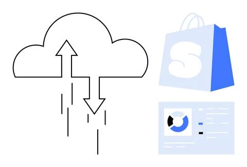 Cloud Storage with Shopping Bag and Data Transfer Concept in Minimalist Desig Stock Illustration