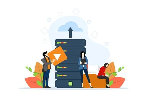 Cloud Storage, Showing people working in cloud sync center Computer technology. Stock Illustration