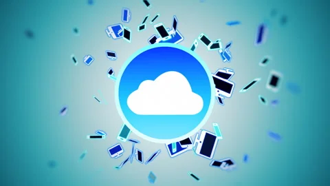 Cloud storage sign with devices icons PC and smartphones. Concept data exchange Video stock 247138748