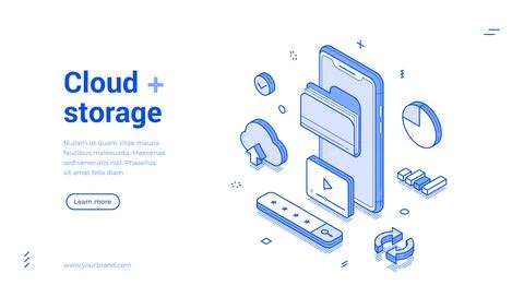 Cloud storage smartphone multimedia personal content isometric web banner vec Stock Illustration