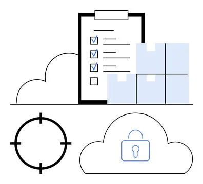 Cloud storage solutions with checklist, package boxes, security lock, and t.. Stock Illustration