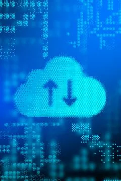 Cloud storage symbol with data uploads and downloads on a digital background Stock Illustration