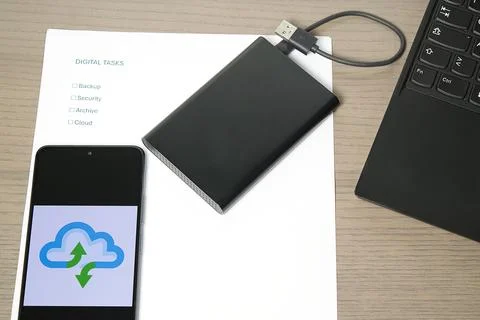 Cloud Storage Sync and Digital Task Checklist Stock Photos