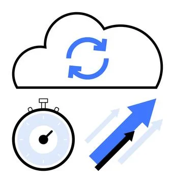 Cloud Storage Sync with Speed and Efficiency Indicators Stopwatch and Upwar.. Illustrazione stock