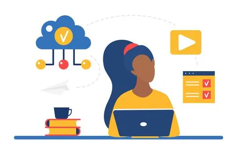 Cloud storage system for business work via internet, woman working online with Stock Illustration