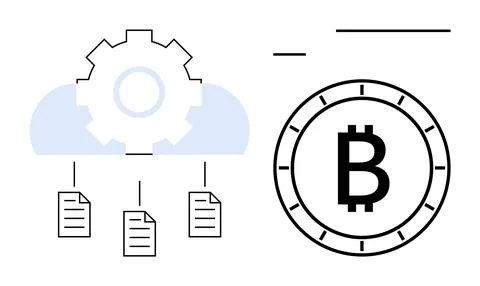 Cloud storage system with gear icon, document files, and Bitcoin symbol ind.. Stock Illustration