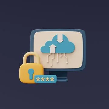 Cloud storage technology concept with blue cloud symbol and padlock on comput Stock Illustration