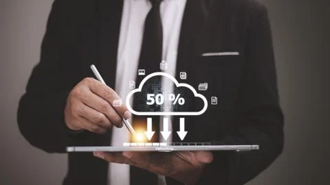 Cloud storage technology concept. Businessmen use laptops to synchronize do.. Stock Photos