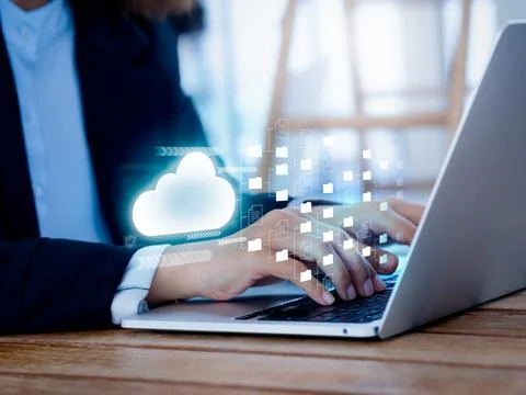 Cloud storage technology concept. Glow cloud tech icon and transfer managem.. Stock Photos