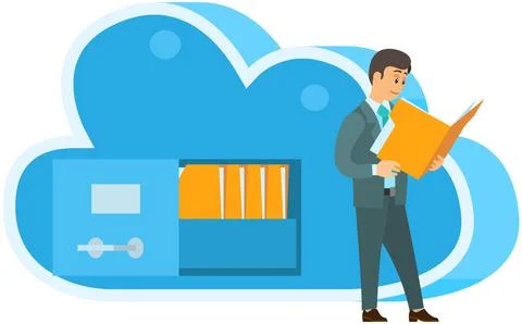 Cloud storage technology concept. Man folds documents with information to online Stock Illustration