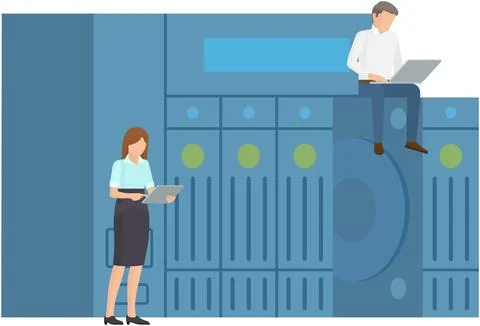 Cloud storage technology concept. People stacking folders with information to イラスト素材