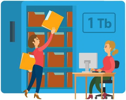 Cloud storage technology concept. People stacking folders with information to イラスト素材