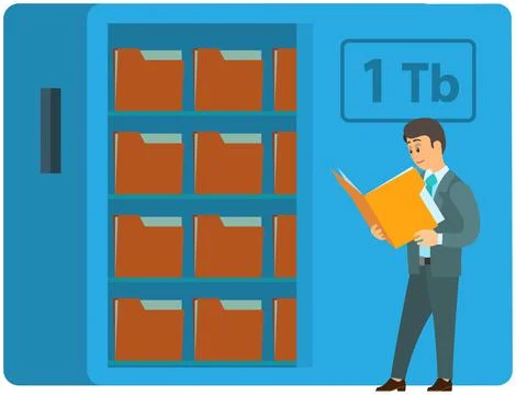 Cloud storage technology concept. People stacking folders with information to Stock Illustration