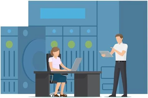 Cloud storage technology concept. People stacking folders with information to Stock Illustration