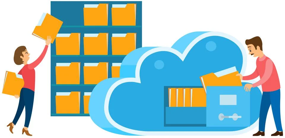 Cloud storage technology concept. People stacking folders with information to Stock Illustration