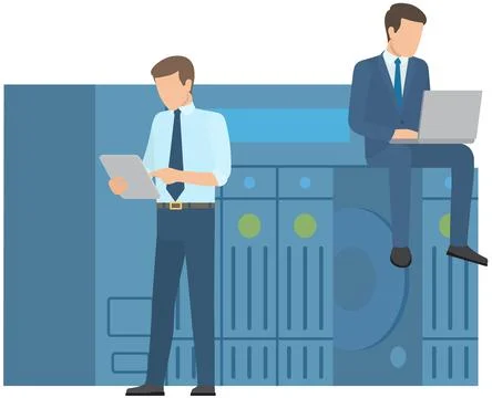 Cloud storage technology concept. People stacking folders with information to Stock Illustration