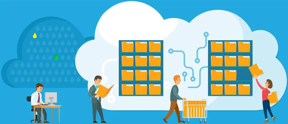 Cloud storage technology concept. People stacking folders with information to Stock Illustration